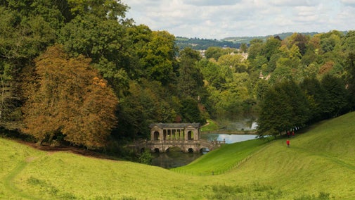 View of the Palladian Bridge from above at Prior Park, Somerset